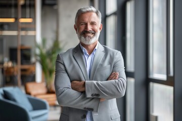 Happy mid aged older business man executive standing in office .