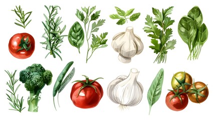 A watercolor cartoon illustration of herbs and vegetables, bursting with color and detail