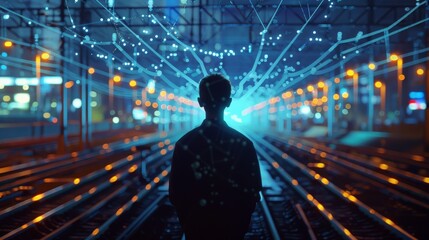 A man standing on the railroad tracks looking at the city lights