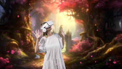 Excited woman looking around by VR surround enchanted wonderful fairytale forest with pink maple...