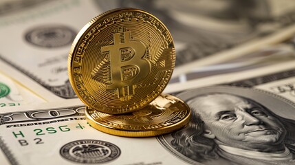 Golden bitcoin dominance over us dollar - Cryptocurrency ascendancy and financial evolution visualized with btc emblem and paper currency background