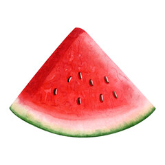 Triangle watermelon slice with seeds watercolor illustration isolated on white background. Hand drawn delicious organic food for summer natural fruit dessert, healthy vegetarian products