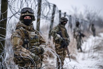 Fototapeta premium Winter Military and border guards guarding the border from illegal immigrants