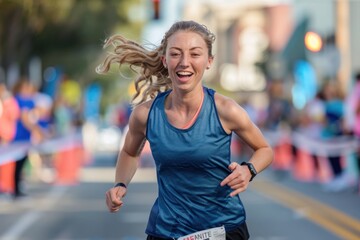 Woman running past finish line
