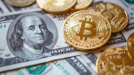 Golden bitcoin dominance over us dollar - Cryptocurrency ascendancy and financial evolution visualized with btc emblem and paper currency background