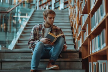 Young man reading book while sitting on stairs in college library. Education concept
