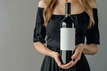 young woman in black dress holding a bottle of wine with white label, blank label mockup