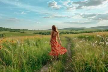 Young woman in color dress enjoying the freshness of the green meadow