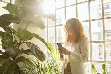 Female entrepreneur using smart phone in bright office