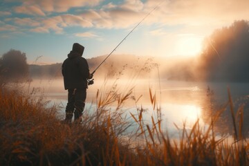 Fisherman fishing on a scenic lake Freshwater angler silhouette with morning fog