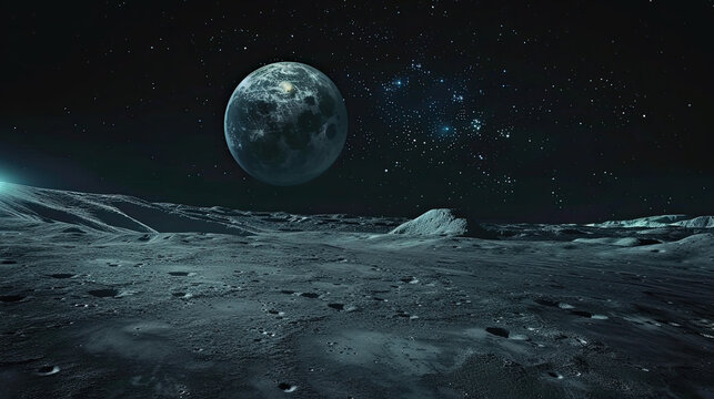 Breathtaking view of the Earth rising over a desolate lunar landscape, featuring a stark, cratered moon surface under a dense starry sky.