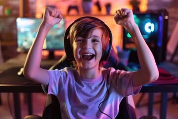 Happy child boy in headphone streamer playing video game with winner expression at gaming room
