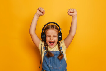 Happy child girl in headphone streamer playing video game with winner expression solid color background