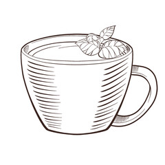 Hand drawn cup of hot chocolate with a mint leaf. Menu and bar design for the restaurant business.