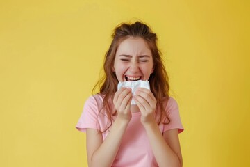 teenage woman with paper napkins sneezes isolated on color background