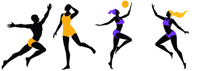 Set of silhouettes of people playing beach volleyball
