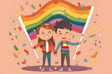 Cute cartoon couple with rainbow LGBTQ and transgender flag celebrate pride month on background.