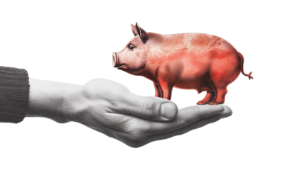 Hand with a piggy bank isolated on a transparent background