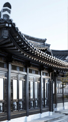 the exterior of Korean hanok houses with a very shiny black metal material. This is a stylish luxury editing shop. The scene in the picture shows the facade of the building.