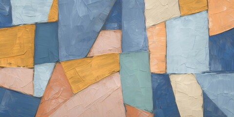 抽象油絵カラフル背景横長バナー）紺色・水色・オレンジ・ベージュの三角形を使ったデザイン