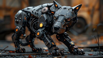 Fototapeta premium A guard dog made entirely of cold, unfeeling metal, its glowing eyes scanning the area for intruders