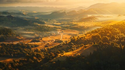  A panoramic view of rolling hills bathed in golden sunlight, with patches of dense forest and...