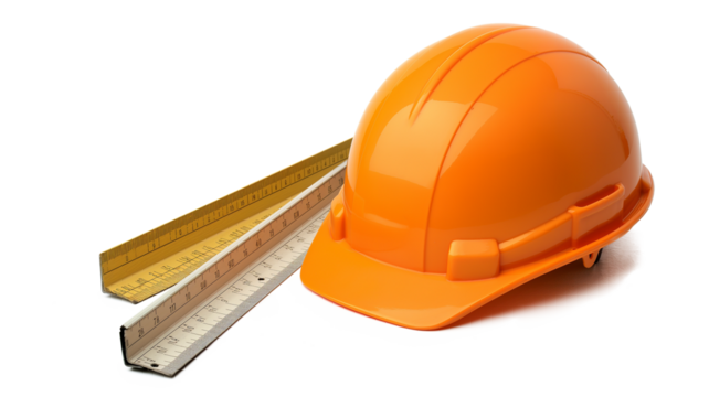 orange construction helmet and rulers isolated on a transparent background
