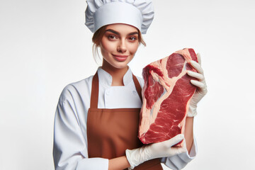 butcher woman holding a large piece of meat on a white background