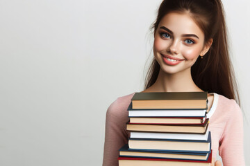 girl with a stack of books on a white background