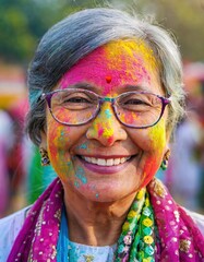 elderly Indian woman with colorful powder on her face during the Holi festival