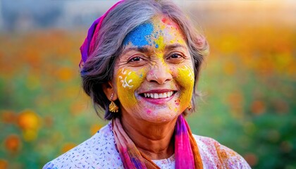 elderly Indian woman with colorful powder on her face during the Holi festival