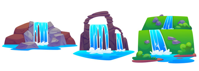 Waterfall on rocky and covered with green grass mountain. Cartoon vector illustration set of cascade falling blue water of stream from cliff. River on stone hills for natural landscape design.
