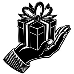 Hand with gift box silhouette vector illustration isolated on a white background.