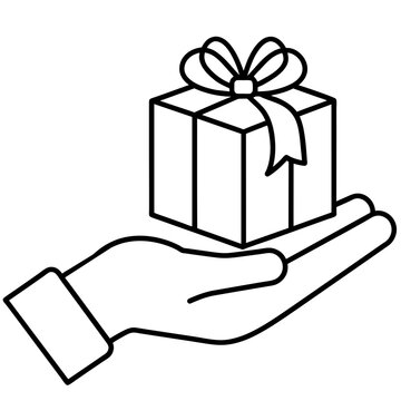 recommend clip art: Hand with gift box line art vector illustration isolated on a white background.
