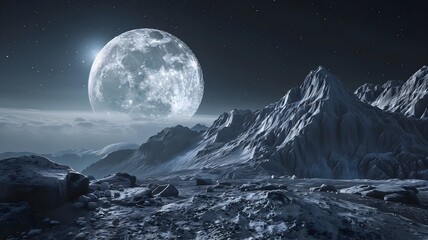  A remote mountain summit bathed in the soft light of the full moon, casting a silver glow over the rugged terrain below. . 
