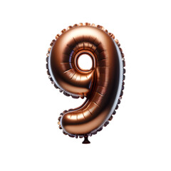 a brown foil balloon shaped like the number '9'