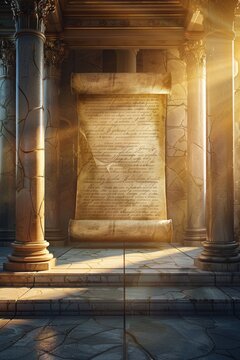 vintage parchment scroll on a marble base with pillars in the back, majestic and backlighting, 3d rendering, shining rays
