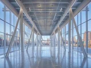A wideangle view of the interior space with floortoceiling windows. 