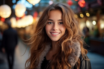 Portrait of a beautiful girl with curly hair on a background of colored lights