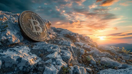 Unveiling the strength of cryptocurrency: a captivating visual of bitcoin&rsquo;s ascending trajectory engraved in stone