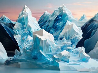 Sculpt a holographic representation of an iceberg formation, abstracted into geometric forms and patterns that capture the crystalline beauty and dynamic sculpting of frozen landscapes.
