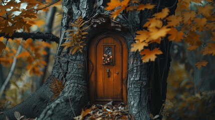 Old wooden door in the autumn forest. 3d render. 