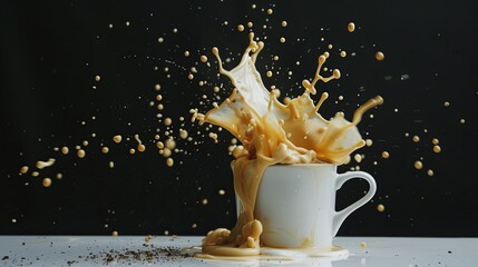 Splash of coffee in a white cup on a black background.