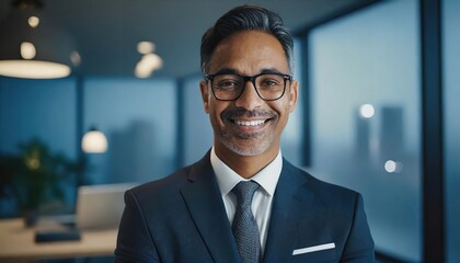 Obraz premium Portrait of a proud smiling confident middle aged hispanic businessman in office. Elegant, stylish, corporate leader, successful CEO executive manager