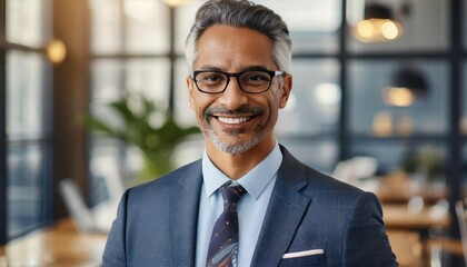 Portrait of a proud smiling confident middle aged hispanic businessman in office. Elegant, stylish, corporate leader, successful CEO executive manager