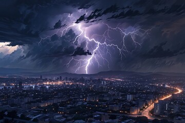 Electric Cityscape: Stormy Skyline with Striking Lightning