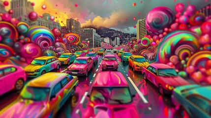 The image shows colorful cars on the road with the background of a city.