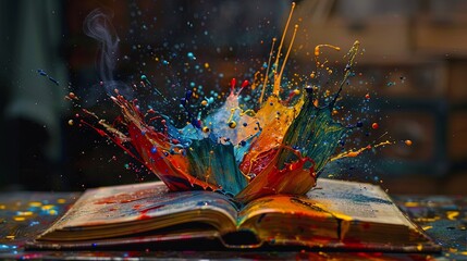 Colorful paint splashing out of an open book, artistic background