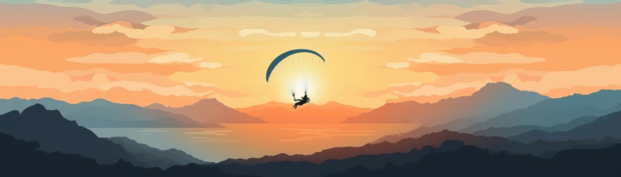paragliding in sunset over the mountains