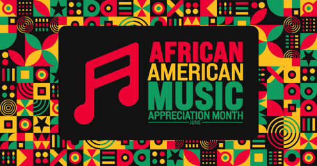 June is African American Music Appreciation Month or black music month geometric shape pattern background and music icon template. Holiday concept. use to background, banner, placard, card, and poster
